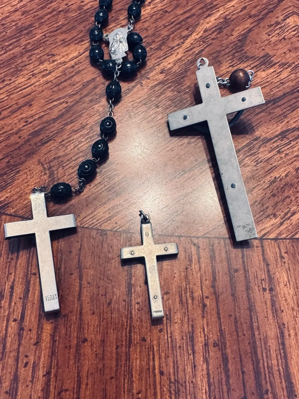 Silver Cross Pendant Trio with Black Bead Rosary